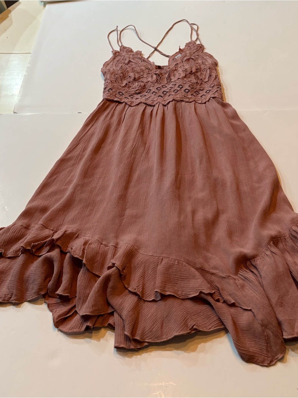Free People One Lace-Bodice Mini Strappy Dress in Dusty Rose, Boho, medium